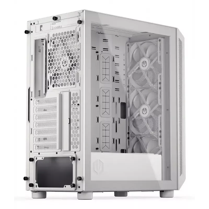 PC Midi Tower korpuss ENDORFY ARX 500 ARGB White — rūdīts stikls, atbalsta ATX/Micro-ATX/Mini-ITX, 3x140mm priekšā + 1x140mm aizmugurē, 1×3.5 collu + 6×2.5 collu vietas