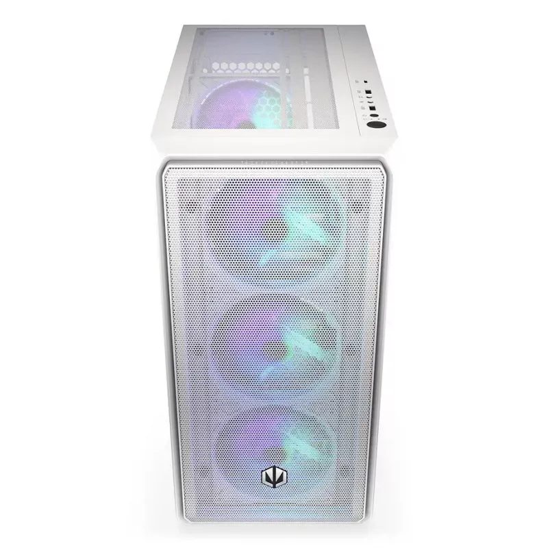 PC Midi Tower korpuss ENDORFY ARX 500 ARGB White — rūdīts stikls, atbalsta ATX/Micro-ATX/Mini-ITX, 3x140mm priekšā + 1x140mm aizmugurē, 1×3.5 collu + 6×2.5 collu vietas