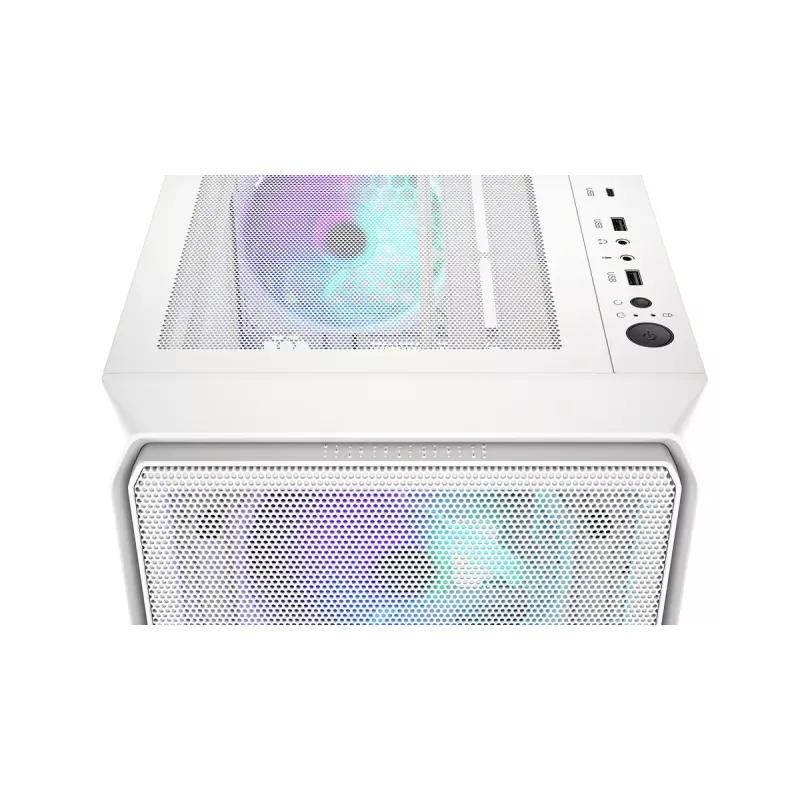 PC Midi Tower korpuss ENDORFY ARX 500 ARGB White — rūdīts stikls, atbalsta ATX/Micro-ATX/Mini-ITX, 3x140mm priekšā + 1x140mm aizmugurē, 1×3.5 collu + 6×2.5 collu vietas