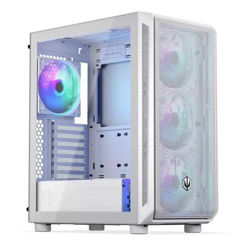 PC Midi Tower korpuss ENDORFY ARX 500 ARGB White — rūdīts stikls, atbalsta ATX/Micro-ATX/Mini-ITX, 3x140mm priekšā + 1x140mm aizmugurē, 1×3.5 collu + 6×2.5 collu vietas