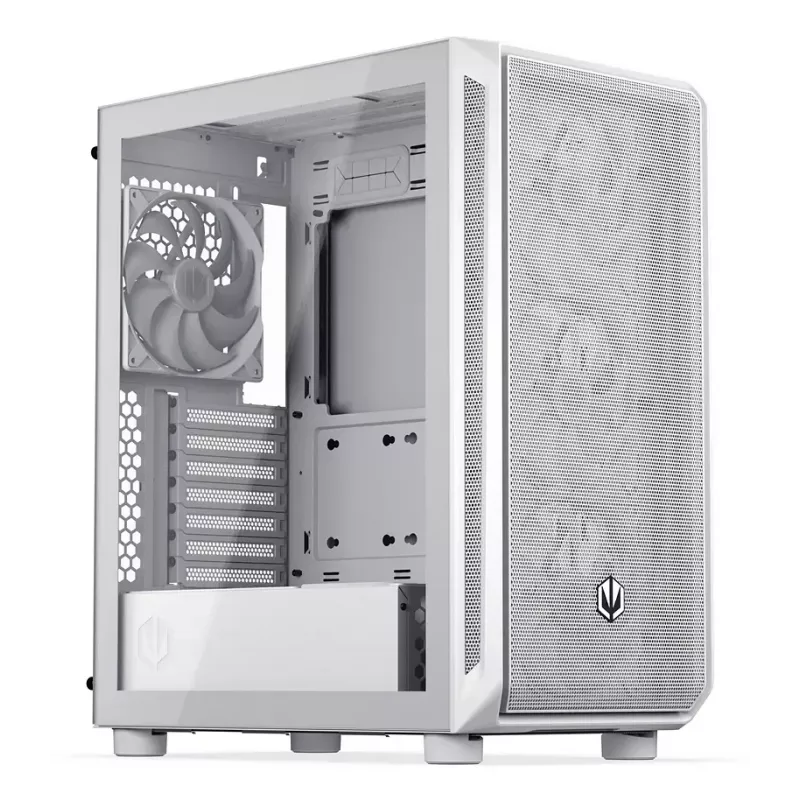 PC Midi Tower korpuss ENDORFY ARX 500 ARGB White — rūdīts stikls, atbalsta ATX/Micro-ATX/Mini-ITX, 3x140mm priekšā + 1x140mm aizmugurē, 1×3.5 collu + 6×2.5 collu vietas