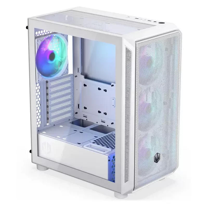 PC Midi Tower korpuss ENDORFY ARX 500 ARGB White — rūdīts stikls, atbalsta ATX/Micro-ATX/Mini-ITX, 3x140mm priekšā + 1x140mm aizmugurē, 1×3.5 collu + 6×2.5 collu vietas