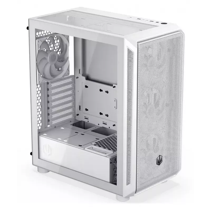 PC Midi Tower korpuss ENDORFY ARX 500 ARGB White — rūdīts stikls, atbalsta ATX/Micro-ATX/Mini-ITX, 3x140mm priekšā + 1x140mm aizmugurē, 1×3.5 collu + 6×2.5 collu vietas