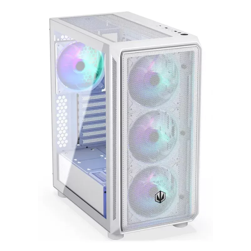 PC Midi Tower korpuss ENDORFY ARX 500 ARGB White — rūdīts stikls, atbalsta ATX/Micro-ATX/Mini-ITX, 3x140mm priekšā + 1x140mm aizmugurē, 1×3.5 collu + 6×2.5 collu vietas