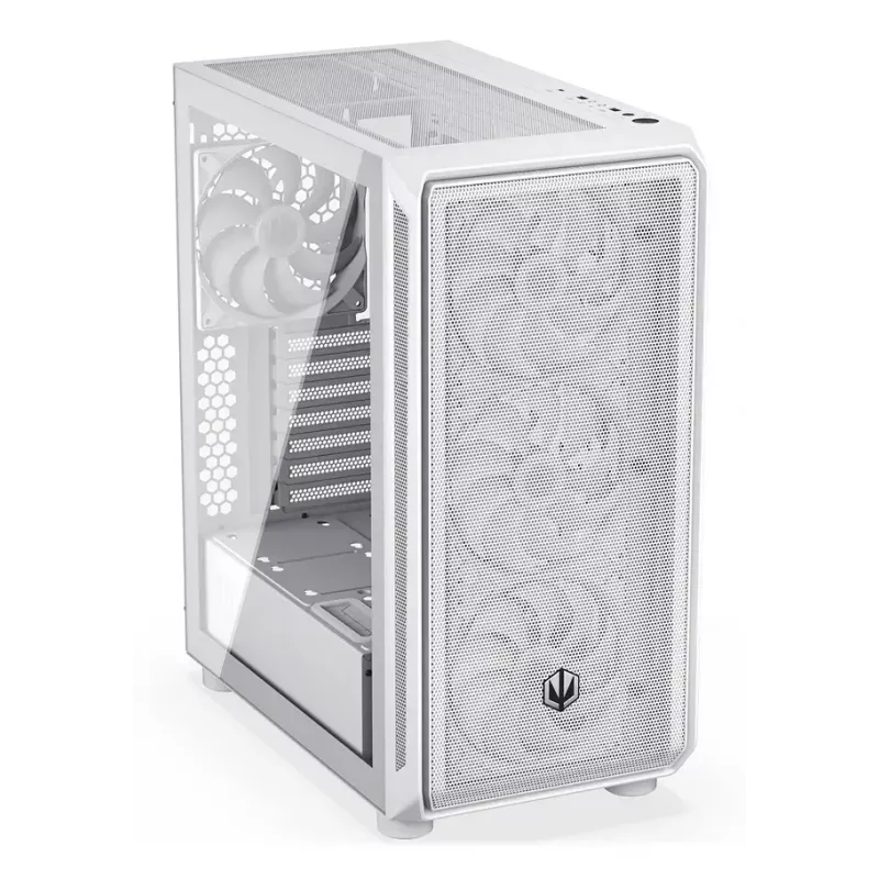 PC Midi Tower korpuss ENDORFY ARX 500 ARGB White — rūdīts stikls, atbalsta ATX/Micro-ATX/Mini-ITX, 3x140mm priekšā + 1x140mm aizmugurē, 1×3.5 collu + 6×2.5 collu vietas
