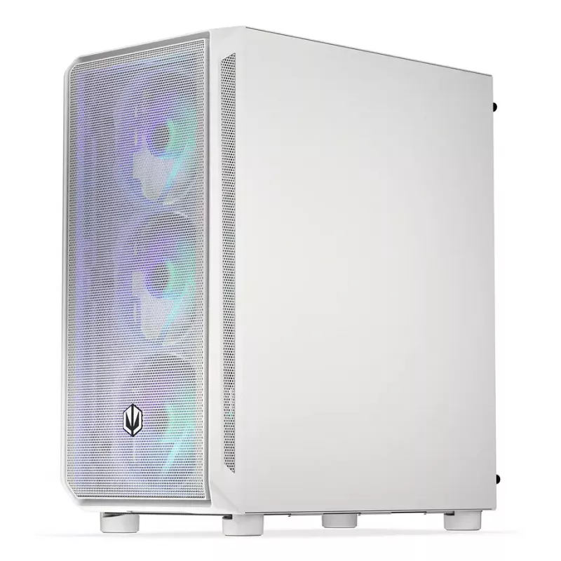 PC Midi Tower korpuss ENDORFY ARX 500 ARGB White — rūdīts stikls, atbalsta ATX/Micro-ATX/Mini-ITX, 3x140mm priekšā + 1x140mm aizmugurē, 1×3.5 collu + 6×2.5 collu vietas