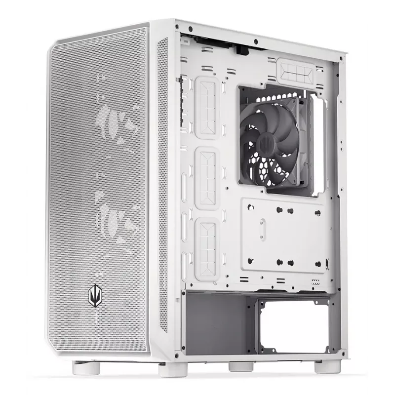 PC Midi Tower korpuss ENDORFY ARX 500 ARGB White — rūdīts stikls, atbalsta ATX/Micro-ATX/Mini-ITX, 3x140mm priekšā + 1x140mm aizmugurē, 1×3.5 collu + 6×2.5 collu vietas