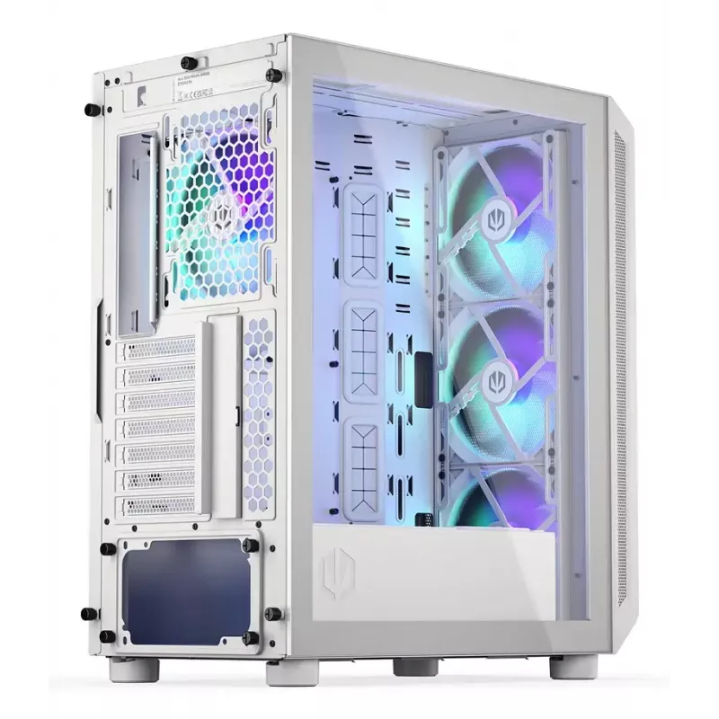 PC Midi Tower korpuss ENDORFY ARX 500 ARGB White — rūdīts stikls, atbalsta ATX/Micro-ATX/Mini-ITX, 3x140mm priekšā + 1x140mm aizmugurē, 1×3.5 collu + 6×2.5 collu vietas