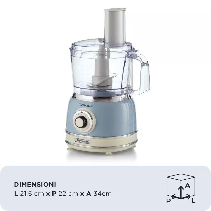 Virtuves kombains ARIETE Vintage Line 1781/05 — 1000 W, 2.1 L bļoda, rotācijas vadība, nerūsējošā tērauda asmens, zils