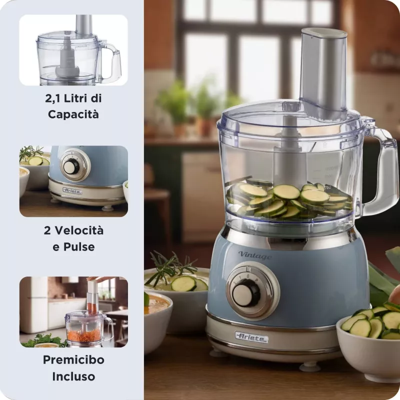 Virtuves kombains ARIETE Vintage Line 1781/05 — 1000 W, 2.1 L bļoda, rotācijas vadība, nerūsējošā tērauda asmens, zils