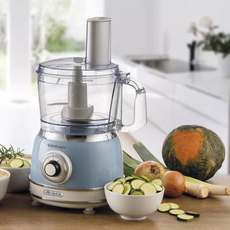 Virtuves kombains ARIETE Vintage Line 1781/05 — 1000 W, 2.1 L bļoda, rotācijas vadība, nerūsējošā tērauda asmens, zils