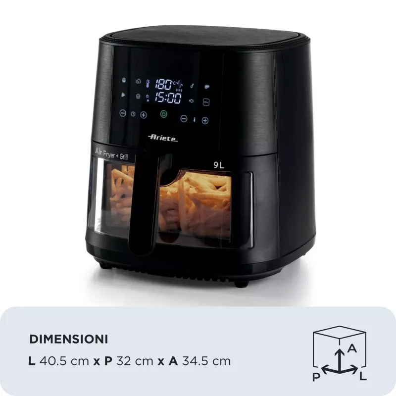 Ariete 4630/00 karstā gaisa friteris, 9 l, 1500 W, 3,6 kg slodze, 7 programmas, līdz 200°C, ar skatlogu, melns