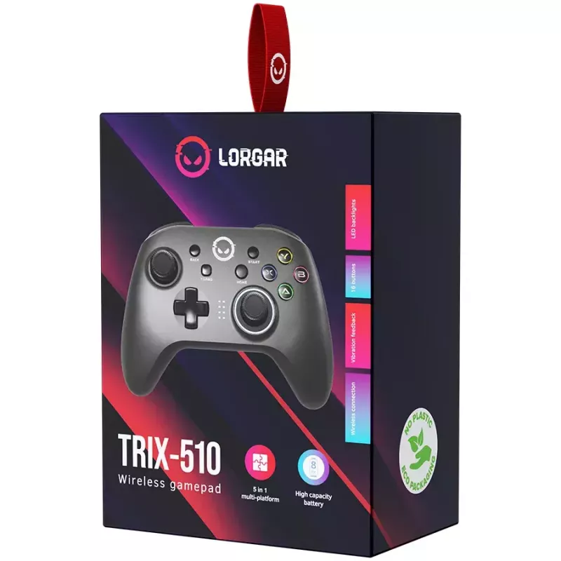 Lorgar TRIX-510 spēļu kontrolieris, melns, BT5.0, iebūvēts 600 mAh akumulators, Type-C