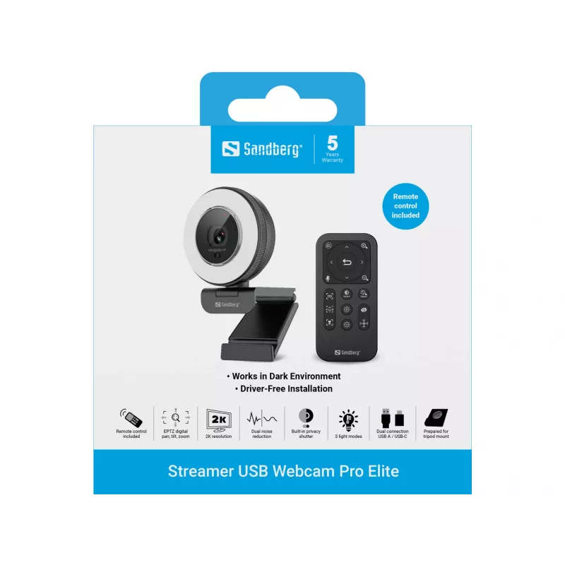 Sandberg Streamer USB Webcam Pro Elite 2560x1440 60fps Melns
