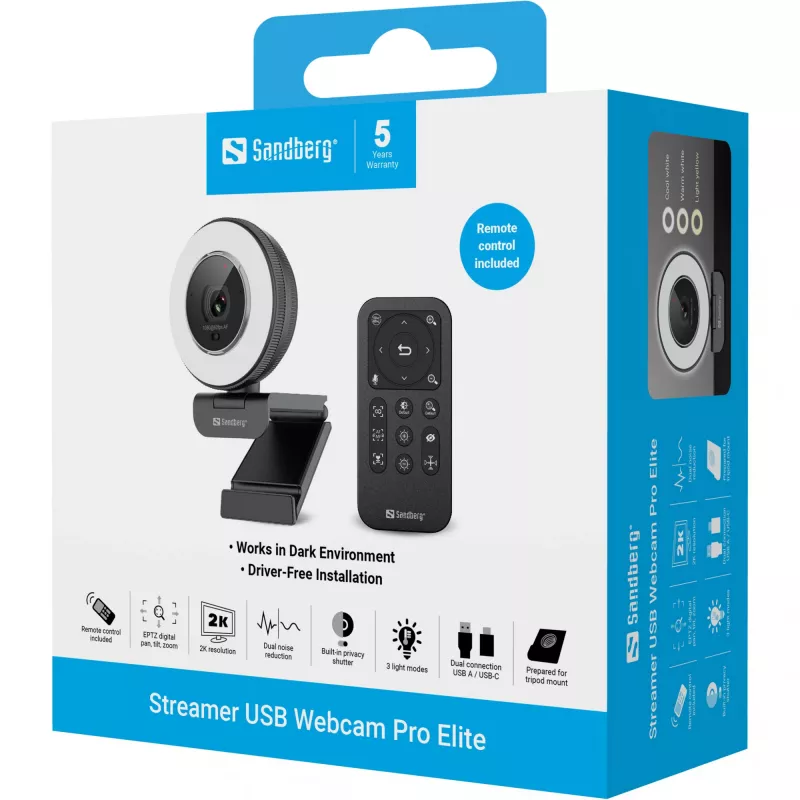 Sandberg Streamer USB Webcam Pro Elite 2560x1440 60fps Melns