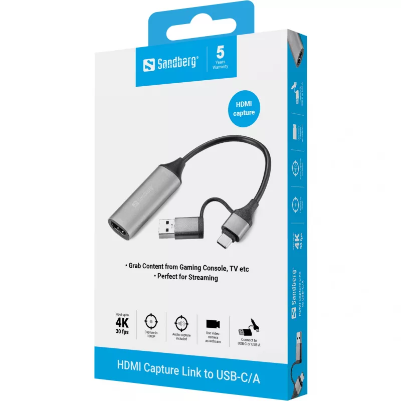 Sandberg HDMI Capture Link uz USB-C/A, HDMI Type A (sieviete), USB Type-A + USB Type-C (tēviņi)