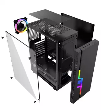 PC korpuss GEMBIRD Fornax 2000 RGB Midi Tower Melns — Micro ATX/ITX/ATX, 1x120mm aizmugures ventilators, 2x2.5 collu nodalījumi, 2x3.0 USB-A, rūdīts stikls