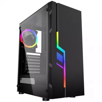 PC korpuss GEMBIRD Fornax 2000 RGB Midi Tower Melns — Micro ATX/ITX/ATX, 1x120mm aizmugures ventilators, 2x2.5 collu nodalījumi, 2x3.0 USB-A, rūdīts stikls