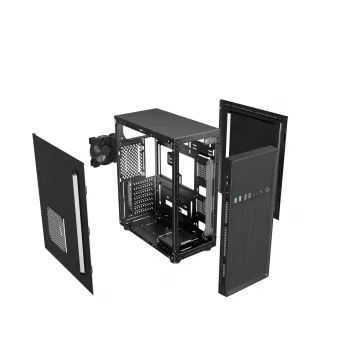 PC korpuss GEMBIRD Fornax 160 Mini Tower — melns, SPCC, atbalsta ITX/mATX/ATX, 1×3.5 inch + 3×2.5 inch vietas, 7 paplašināšanas sloti, 445×185×390 mm