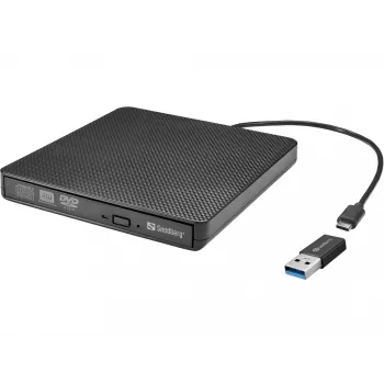 Sandberg USB-C/A DVD diskdzinis, melns, paplātes tipa, klēpjdatoram/galddatoram, DVD Super Multi DL, USB Type-C