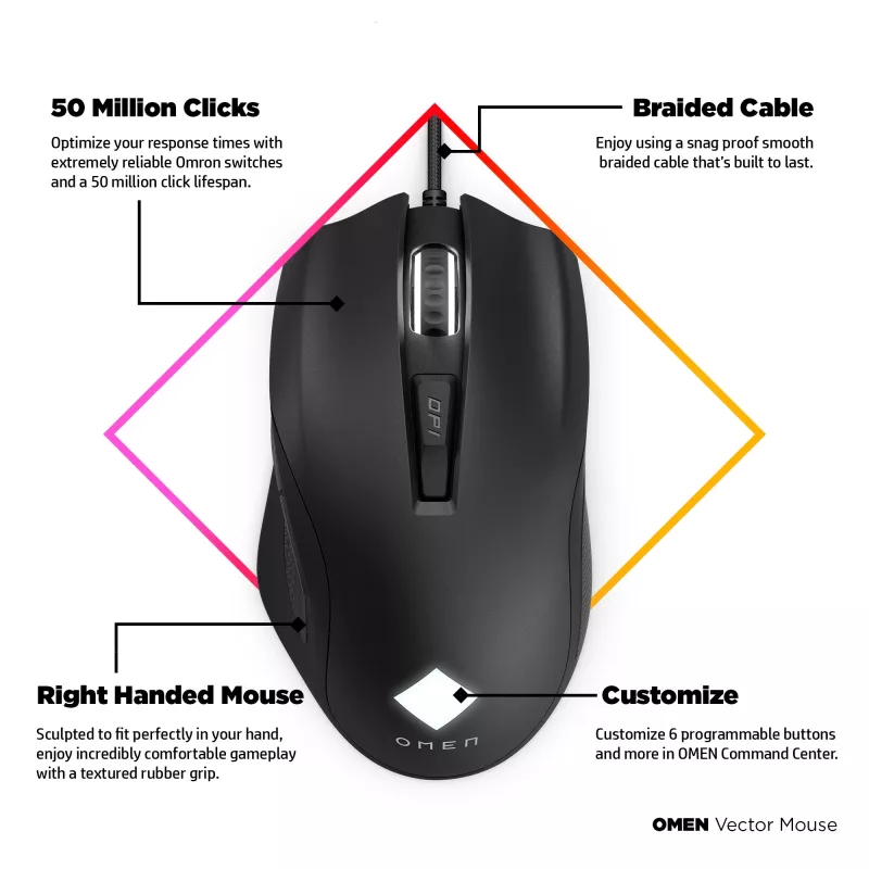 HP OMEN Vector pele, labā roka, IR LED, USB Type-A, 16000 DPI, 1 ms, Melna