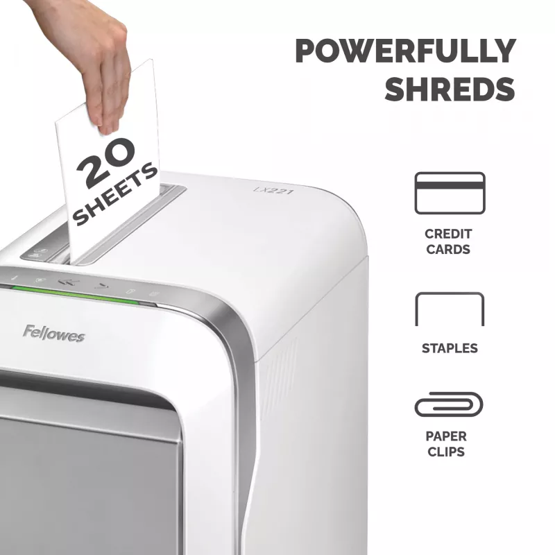 Fellowes LX221 papīru smalcinātājs, 20 lapas, mikrošķērsgriezums, 30 L, balts