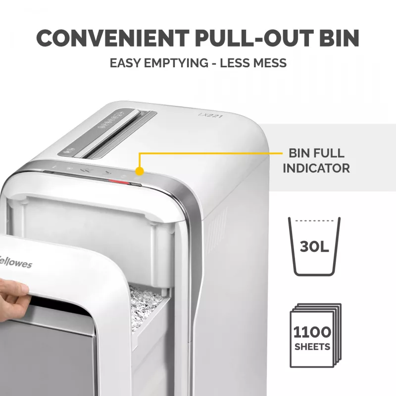 Fellowes LX221 papīru smalcinātājs, 20 lapas, mikrošķērsgriezums, 30 L, balts