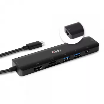 CLUB3D USB Type C 7-in-1 Hubs HDMI 4K60Hz SD TF karšu slots 2x USB Type A USB Type C PD RJ45 Darbojas ar Thunderbolt 3