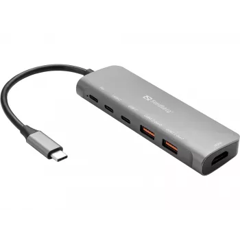 Sandberg USB-C Dokstacija HDMI + 2xUSB-A + 2xUSB-C + PD100W, Alumīnijs, 4K