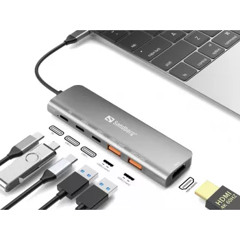 Sandberg USB-C Dokstacija HDMI + 2xUSB-A + 2xUSB-C + PD100W, Alumīnijs, 4K
