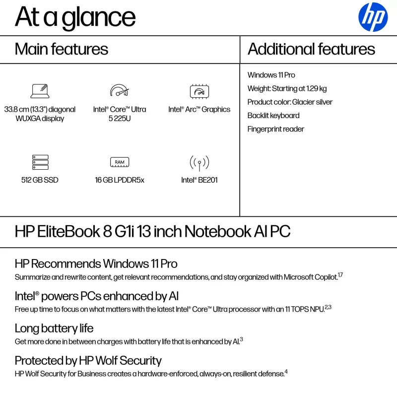 HP EliteBook 8 G1i AI Intel Core Ultra 5 225U klēpjdators 33,8 cm (13,3 collu) WUXGA 16 GB LPDDR5x-SDRAM Wi-Fi 7 (802.11be) Windows 11 Pro AI PC
