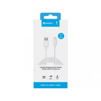 Sandberg USB-C 3.1 USB-A 3.0 2M kabelis, 2 m, USB C, USB A, USB 3.2 Gen 1 (3.1 Gen 1), Tēviņš/Tēviņš, Balts