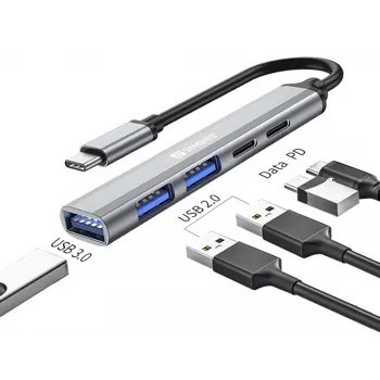 Sandberg USB-C uz 3xUSB-A+2xUSB-C SAVER USB 3.2 Gen 1 Pelēks Alumīnija centrmezgls