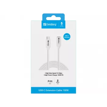 Sandberg USB-C uz USB-C pagarinātājkabelis 2m 100W USB 3.2 Gen 2 balts