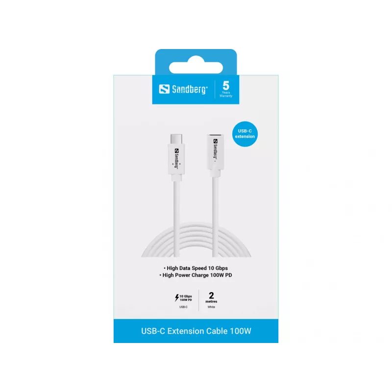 Sandberg 136-55 USB-C pagarinājuma vads, spraudnis–ligzda, 100 W, 10 Gbps, 2 m, balts