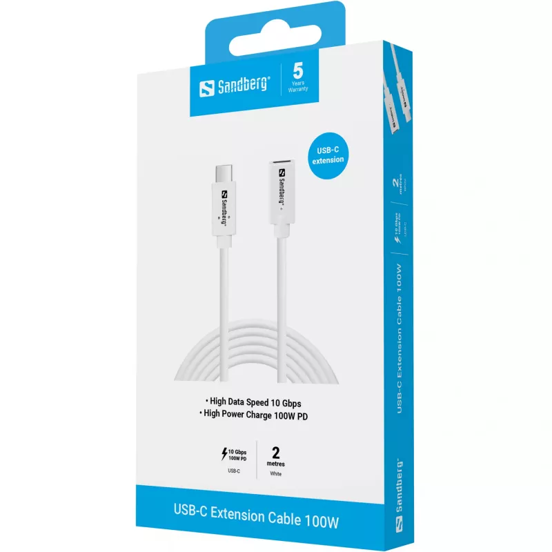 Sandberg 136-55 USB-C pagarinājuma vads, spraudnis–ligzda, 100 W, 10 Gbps, 2 m, balts