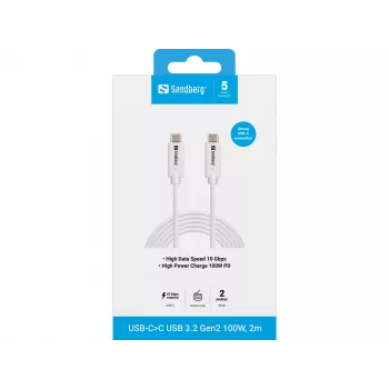 Sandberg USB-C–C USB 3.1 G2 100W 2M balts kabelis