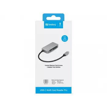 Sandberg USB-C Multi Card Reader Pro, CF, MMC, MicroSD, SD, SDHC, SDXC, xD, Melns, USB 3.2 Gen 1 Type-C, 1 gab., 82 mm, 23 mm