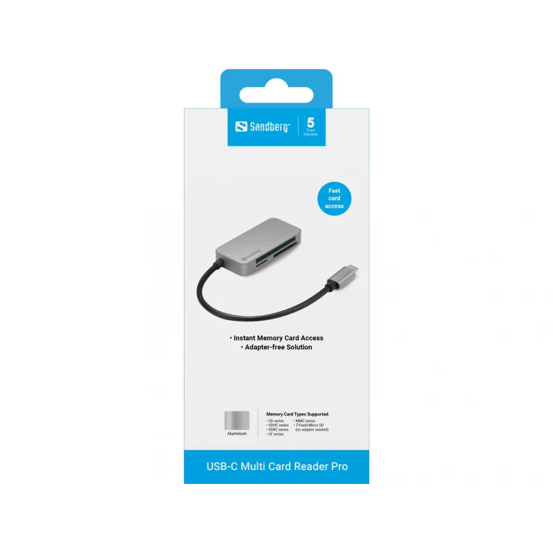 Sandberg USB-C Multi Card Reader Pro, CF, MMC, MicroSD, SD, SDHC, SDXC, xD, Melns, USB 3.2 Gen 1 Type-C, 1 gab., 82 mm, 23 mm