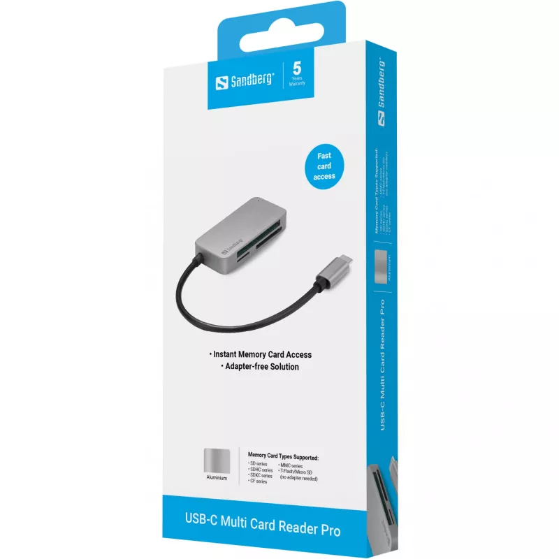Sandberg USB-C Multi Card Reader Pro, CF, MMC, MicroSD, SD, SDHC, SDXC, xD, Melns, USB 3.2 Gen 1 Type-C, 1 gab., 82 mm, 23 mm