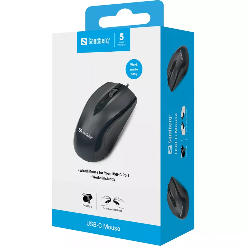 Sandberg USB-C pele, abpusēja, optiskā, USB Type-C, 1200 DPI, Melna