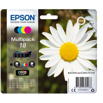 Epson Daisy Multipack 4 krāsas 18 Claria Home Tinte, Melna, Ciāna, Fuksīna, Dzeltena, 5.2 ml, 3.3 ml, 1 gab., 175 lapas, Multi pack