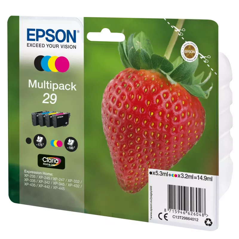 Epson Strawberry Multipack 4 krāsas 29 Claria Home Tinte, Melna, Ciāna, Fuksīna, Dzeltena, 5.3 ml, 3.2 ml, 1 gab., 175 lapas, Multi pack