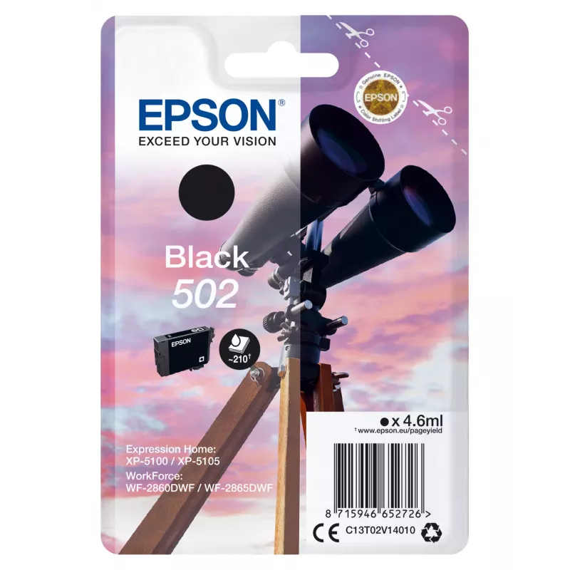 Epson 502 melnā tintes kasetne, standarta ietilpība, pigmenta tinte, 4.6 ml, 1 gab., 210 lapas