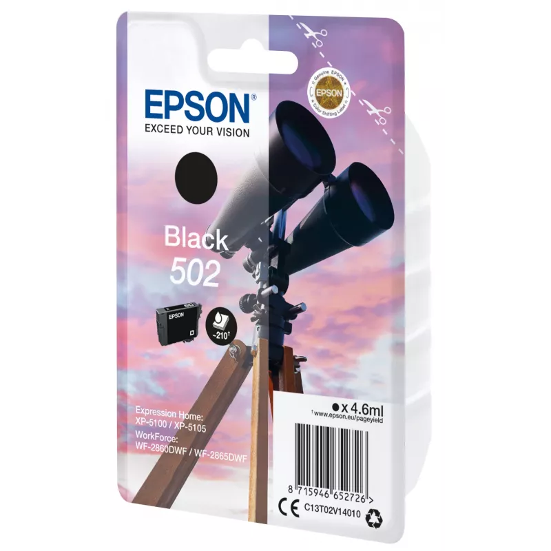 Epson 502 melnā tintes kasetne, standarta ietilpība, pigmenta tinte, 4.6 ml, 1 gab., 210 lapas
