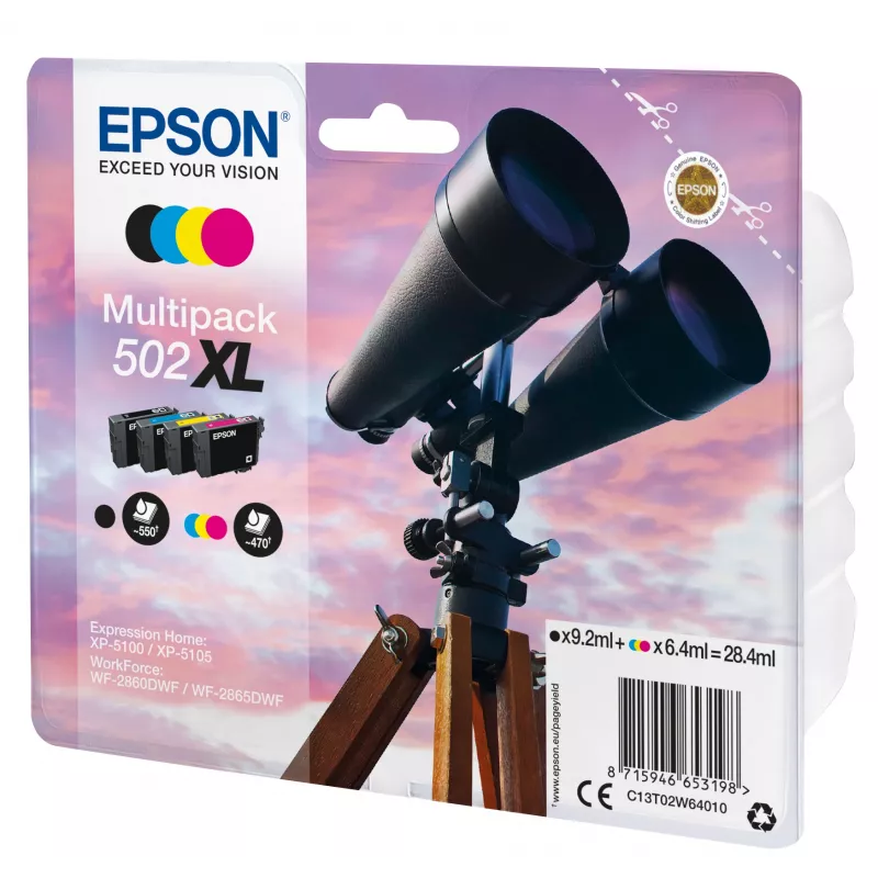 Epson 502XL C13T02W64020 Claria Home Ink tintes kārtridžu komplekts, 4 gab., XL, 28,4 ml, melns/ciāna/fuksīna/dzeltens, līdz 550 (melns) / 470 (krāsu) lappusēm