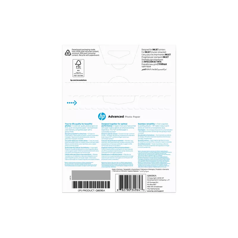 HP Q8696A Advanced Glossy spīdīgs fotopapīrs 13 x 18 cm (130 x 180 mm), bez apmalēm, 250 g/m², 25 loksnes