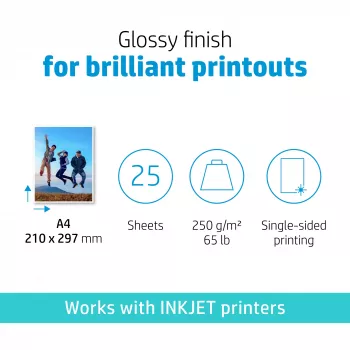 HP Advanced Photo Paper, Glancēts, 250 g/m², A4 (210 x 297 mm), 25 loksnes