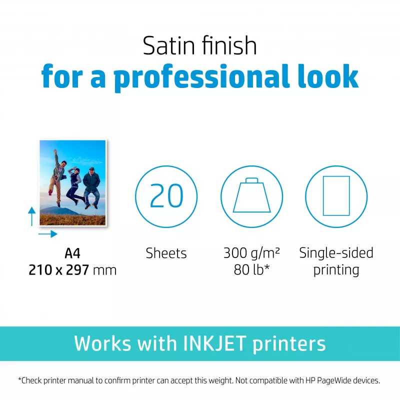 HP Premium Plus Satin fotopapīrs 300 g/m² A4 (210 x 297 mm) 20 loksnes