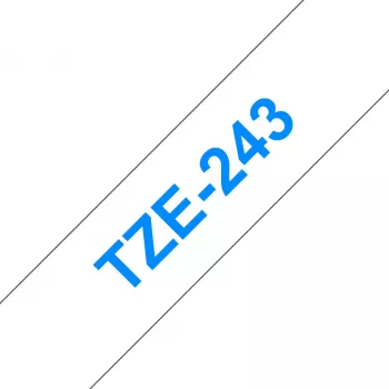 Brother TZE-243 lentes kasete zils teksts uz balta fona 18 mm x 8 m